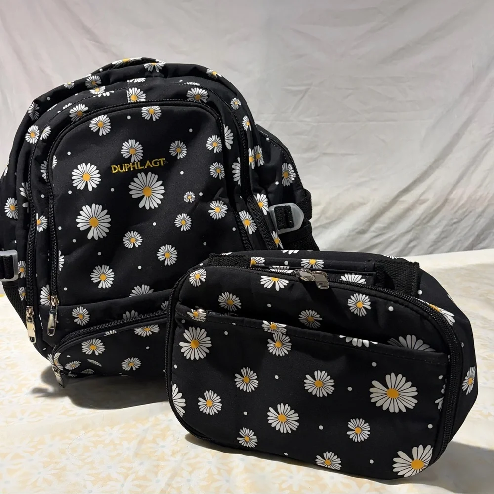 Black Daisy‎ Print Backpack with Lunch Box